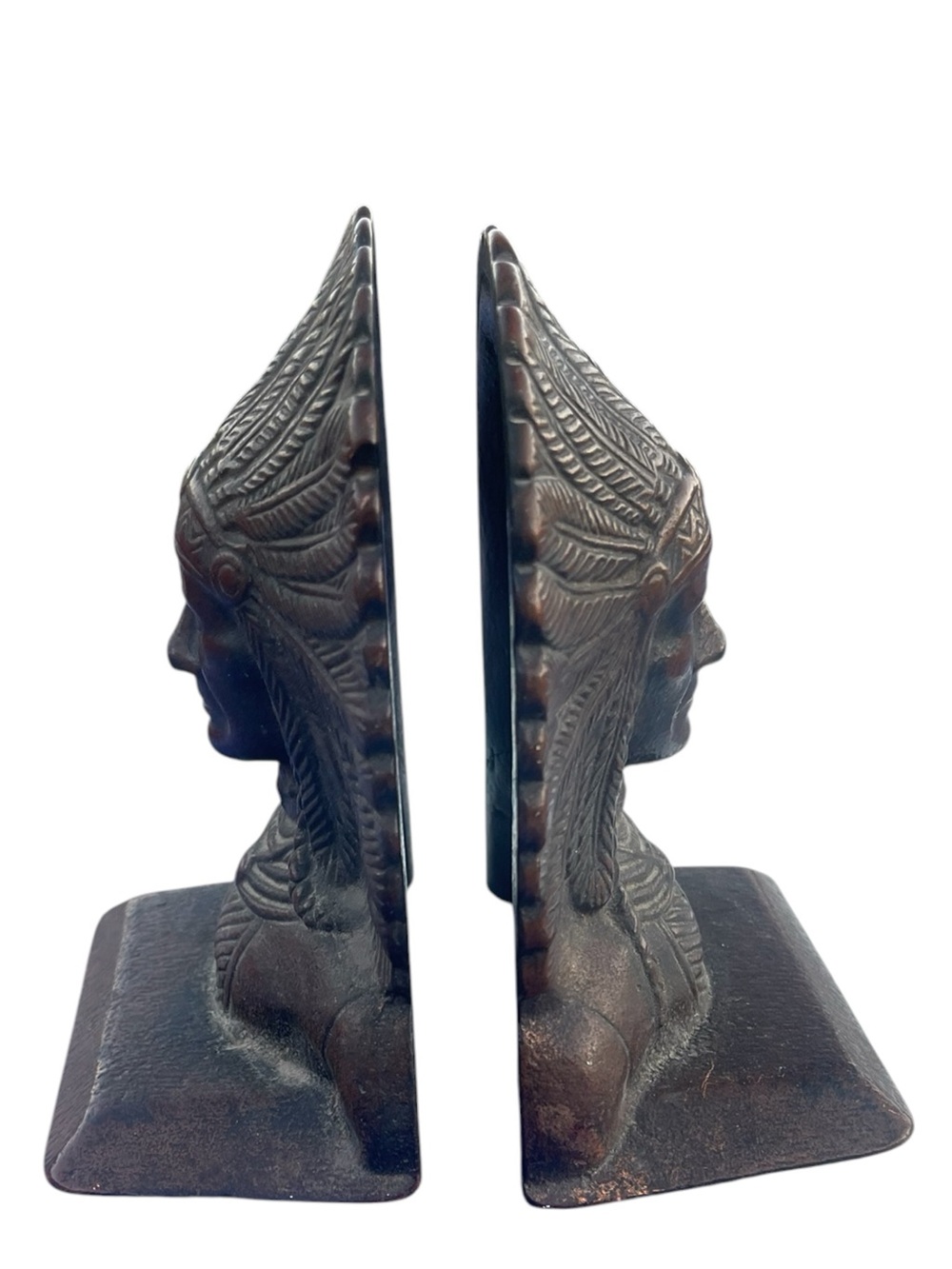 Native American Book Ends Vtg Cast Iron Copper Finish Indian Chief 6" Head Dress - Picture 2 of 5